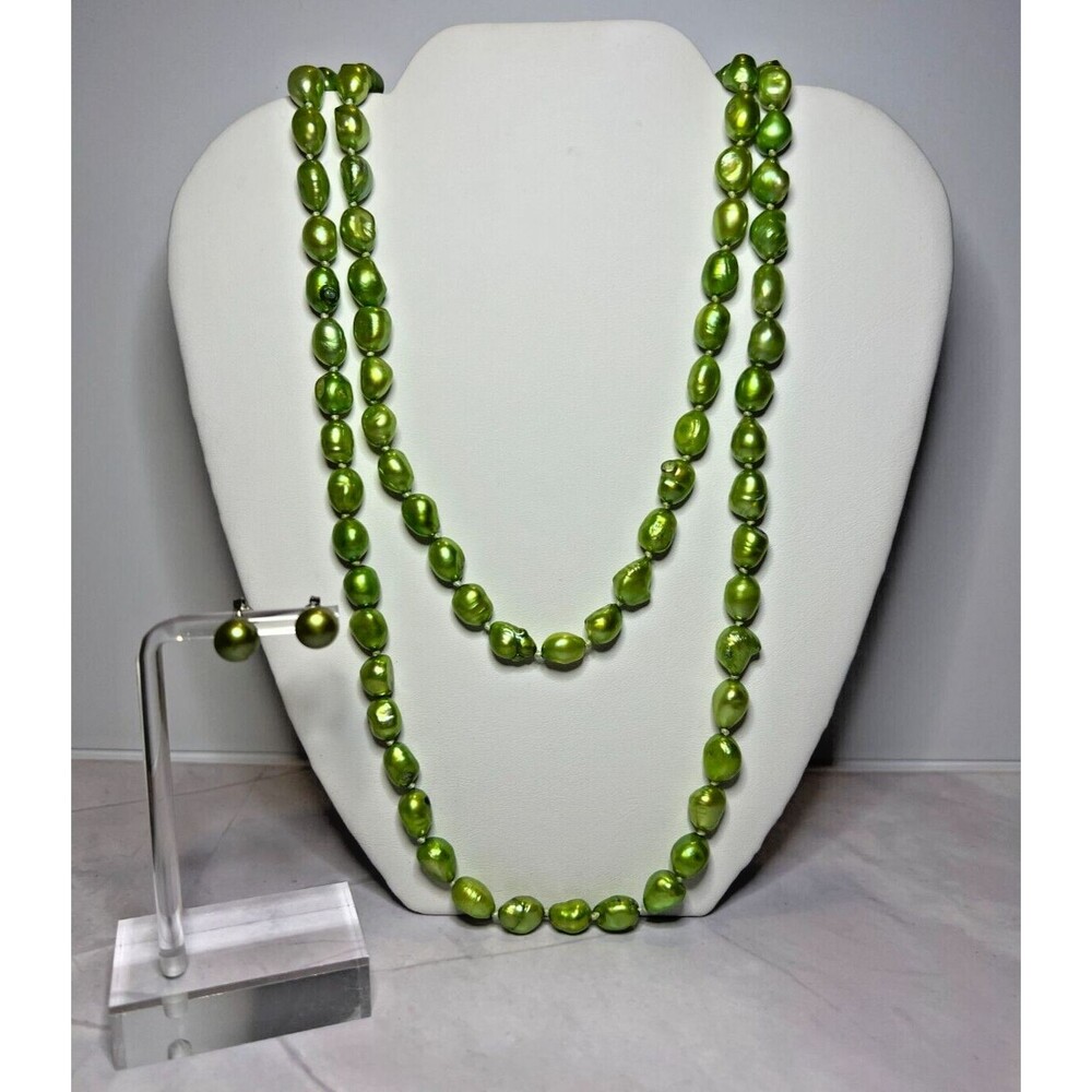 Green Natural Freshwater Pearls Necklace & Earring Set, (0112)